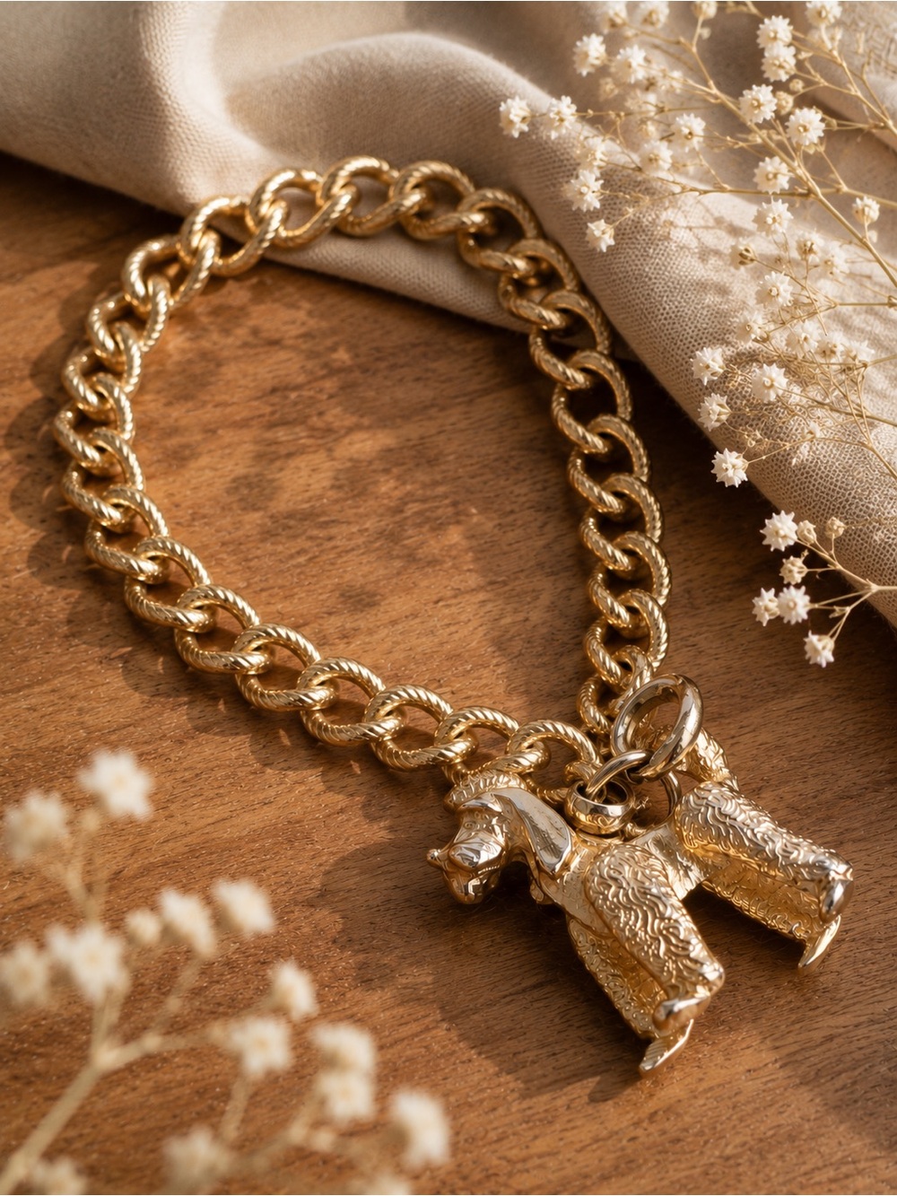 Vintage Napier Poodle Dog Charm Bracelet Gold Tone Curb Link Chain